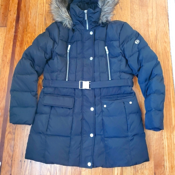 Michael kors Winter  fur hoodie Belted puffer black,silver  heavy jacket SZ L - Picture 1 of 10